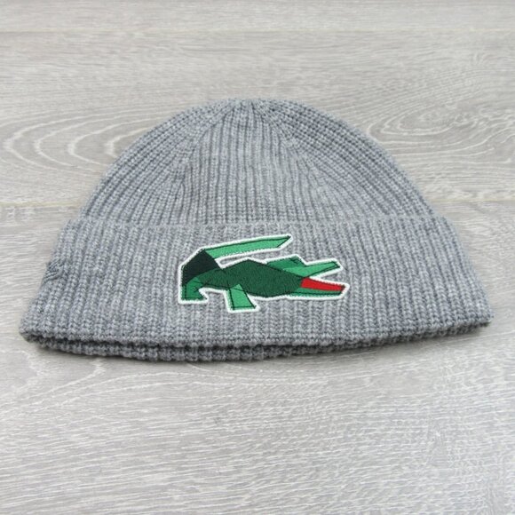 Lacoste Crocodile Big Patch Grey Wool Beanie Cap One Size NEW - Picture 5 of 13